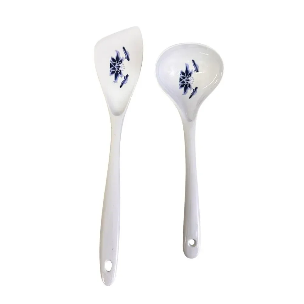 Vintage Melamine Water Lily Spatula 4409 and Ladle White Blue Floral